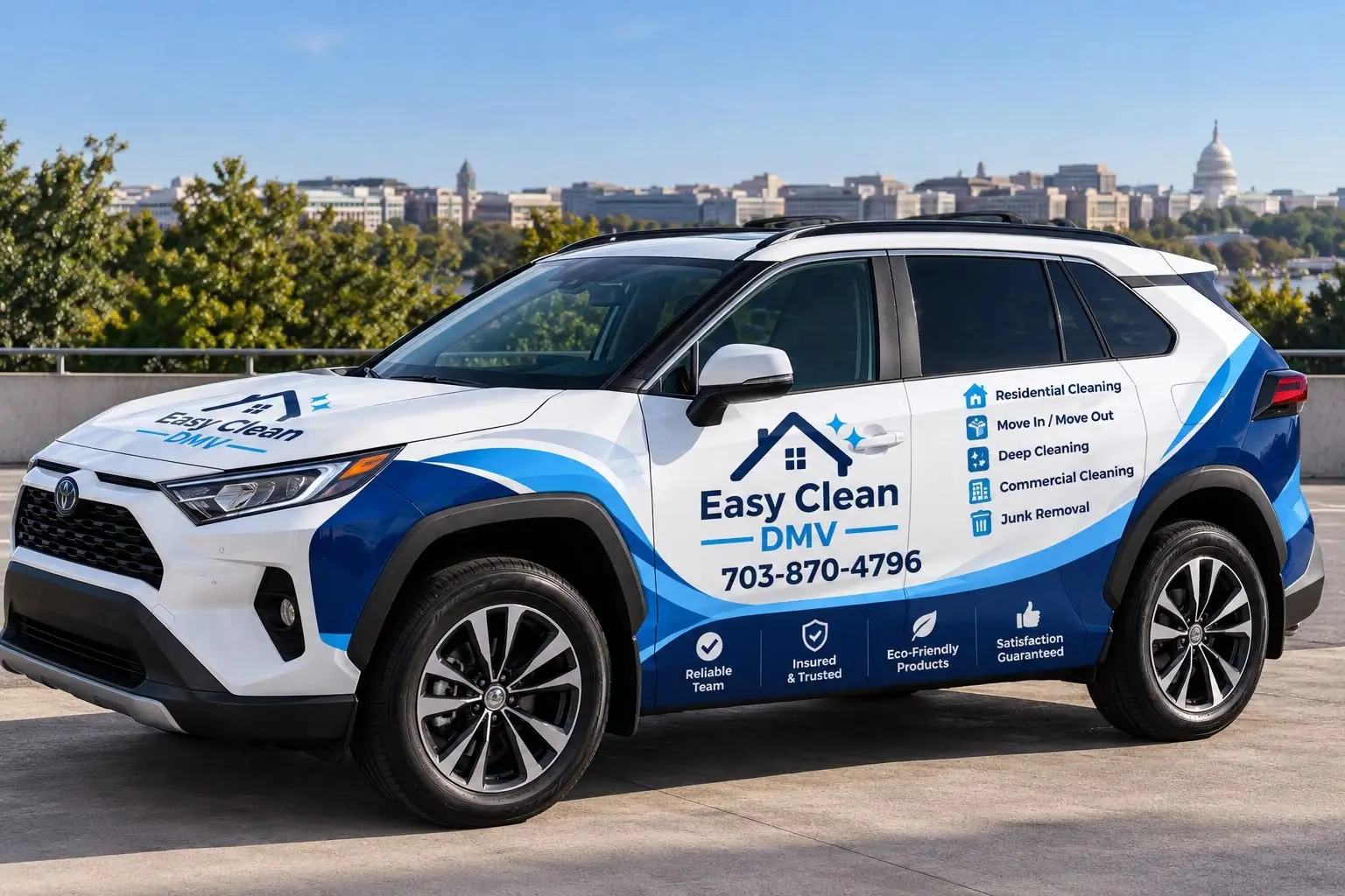 Easy Clean DMV branded SUV with the Washington, D.C. skyline behind it