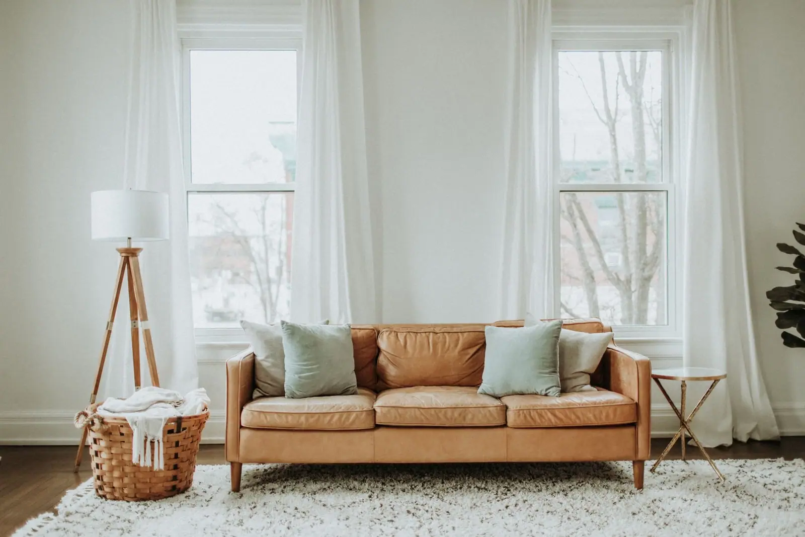 Leather sofa on a shaggy area rug in a bright living room