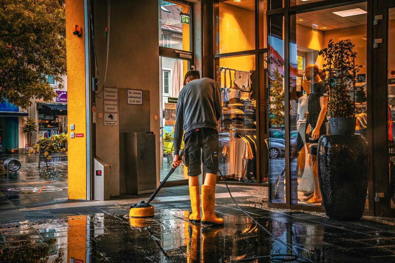Shop entrance being cleaned with a pressure-washer surface cleaner