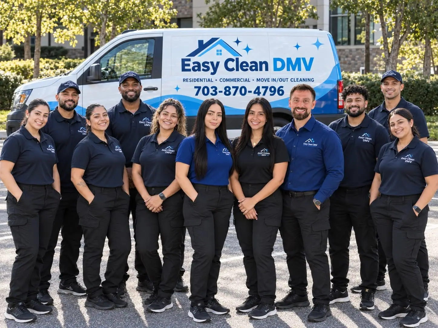 The Easy Clean DMV team in uniform in front of a branded Easy Clean DMV van